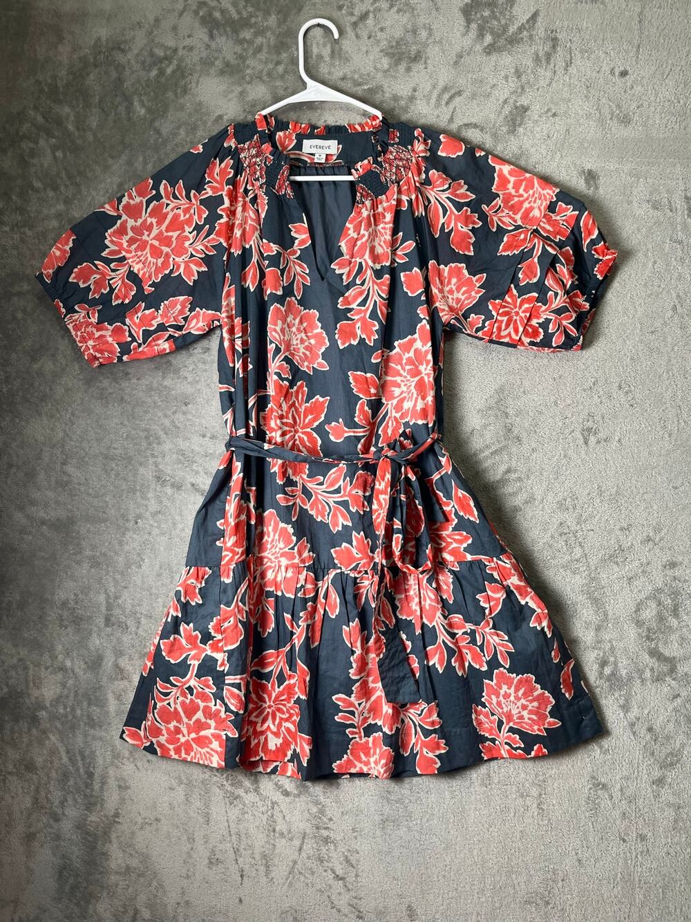 Evereve Navy Coral Floral 100% Cotton Puff Sleeve Belted Tiered Mini Dress M